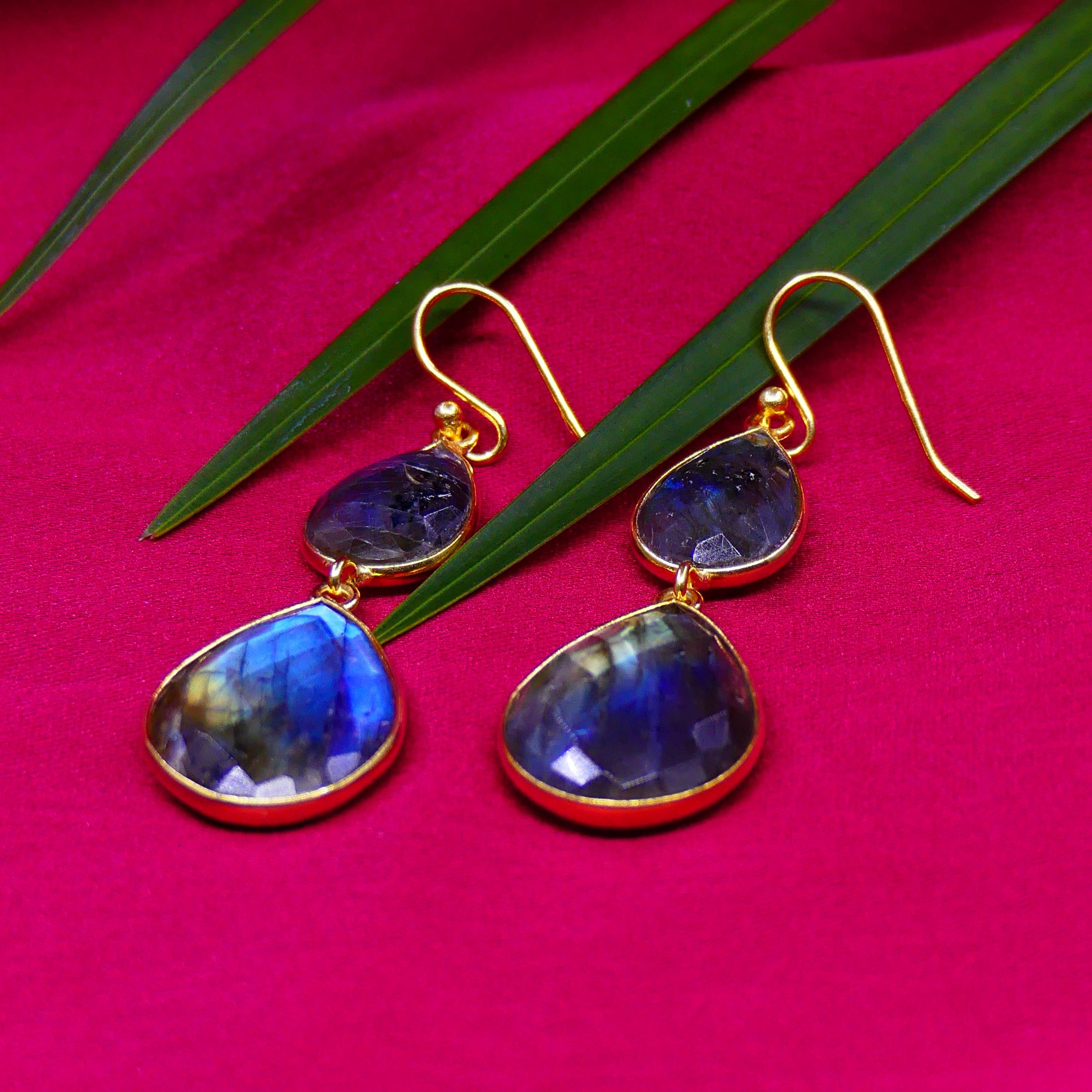 Gold-Tone Drop Earrings with Multi-Color Iridescent Faceted Teardrop Stones