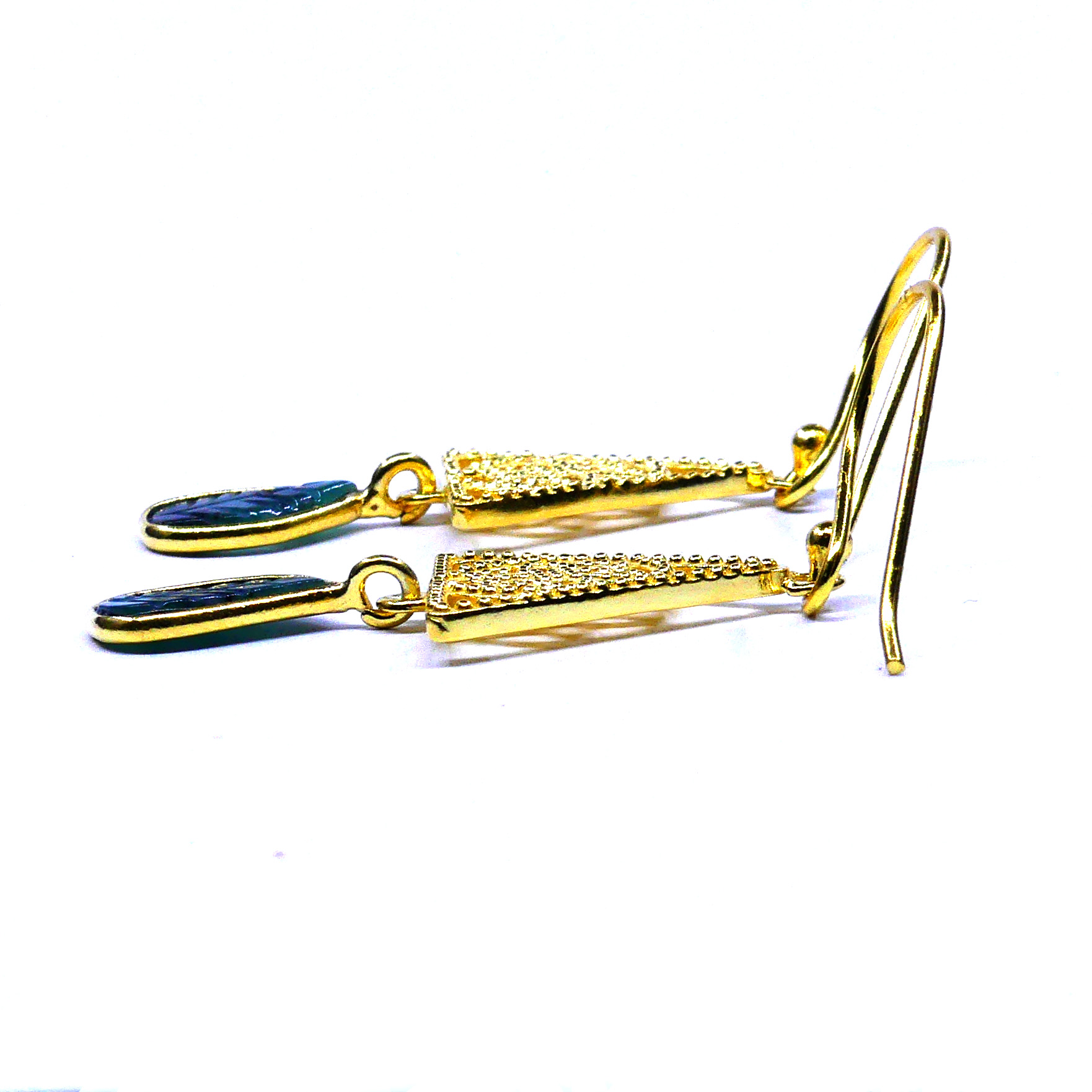 Blue Teardrop and Gold Tone Filigree Triangle Drop Earrings