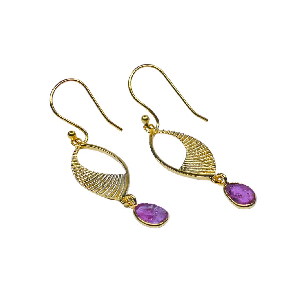 Gold-Plated Textured Leaf Drop Earrings with Purple Stone