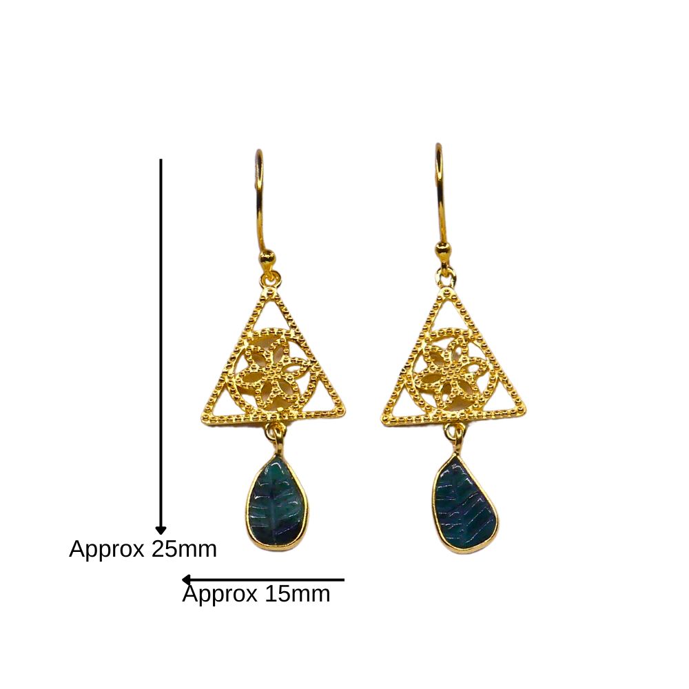 Blue Teardrop and Gold Tone Filigree Triangle Drop Earrings