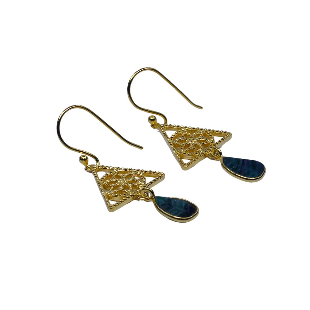 Blue Teardrop and Gold Tone Filigree Triangle Drop Earrings