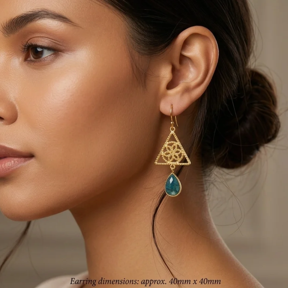 Blue Teardrop and Gold Tone Filigree Triangle Drop Earrings-back