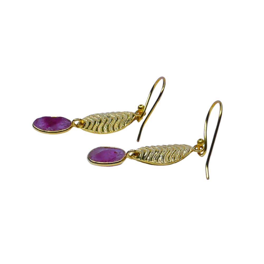 Gold-Plated Textured Leaf Drop Earrings with Purple Stone