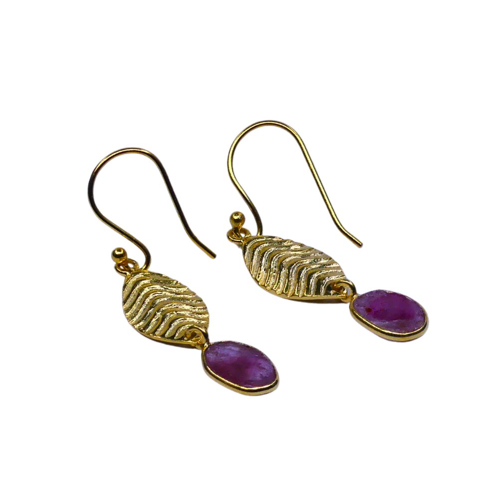 Pink Gemstone Dangle Earrings with Textured Gold-Tone Openwork Frame