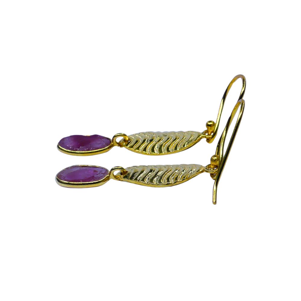 Gold-Plated Textured Leaf Drop Earrings with Purple Stone