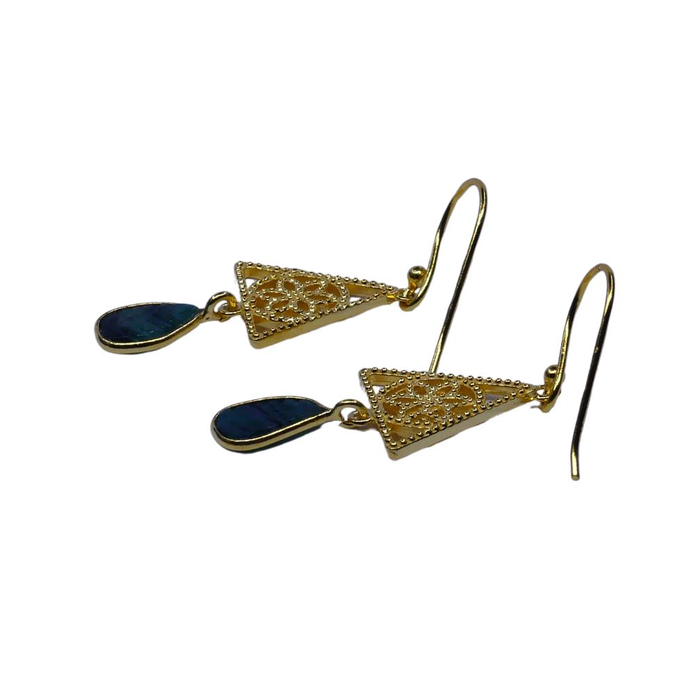 Blue Teardrop and Gold Tone Filigree Triangle Drop Earrings
