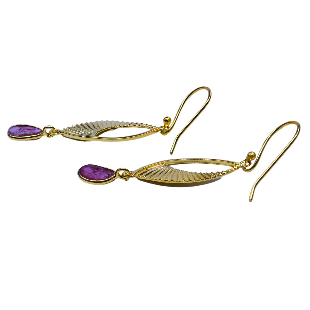Pink Gemstone Dangle Earrings with Textured Gold-Tone Openwork Frame